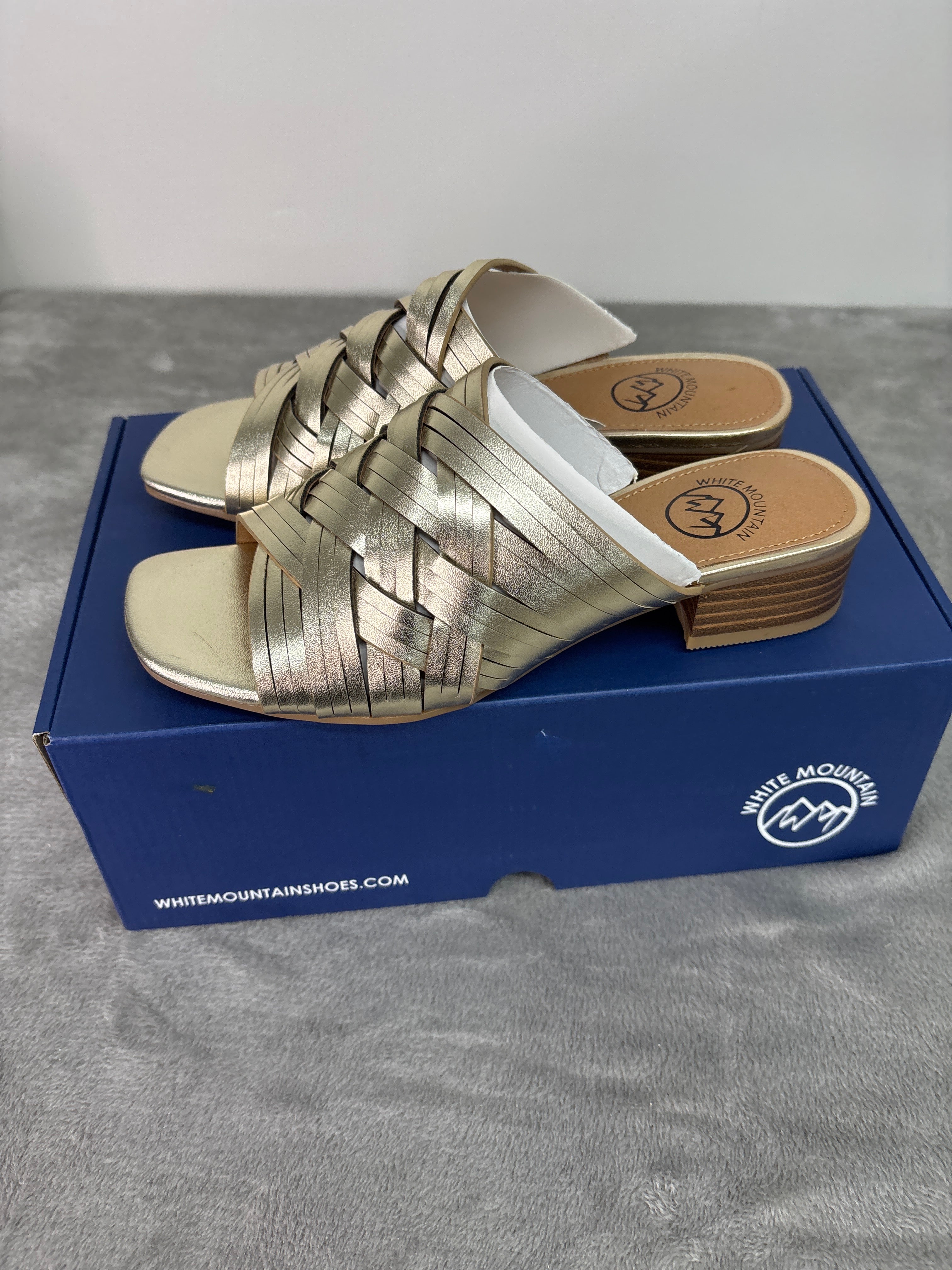 White mountain gold woven slide sandals