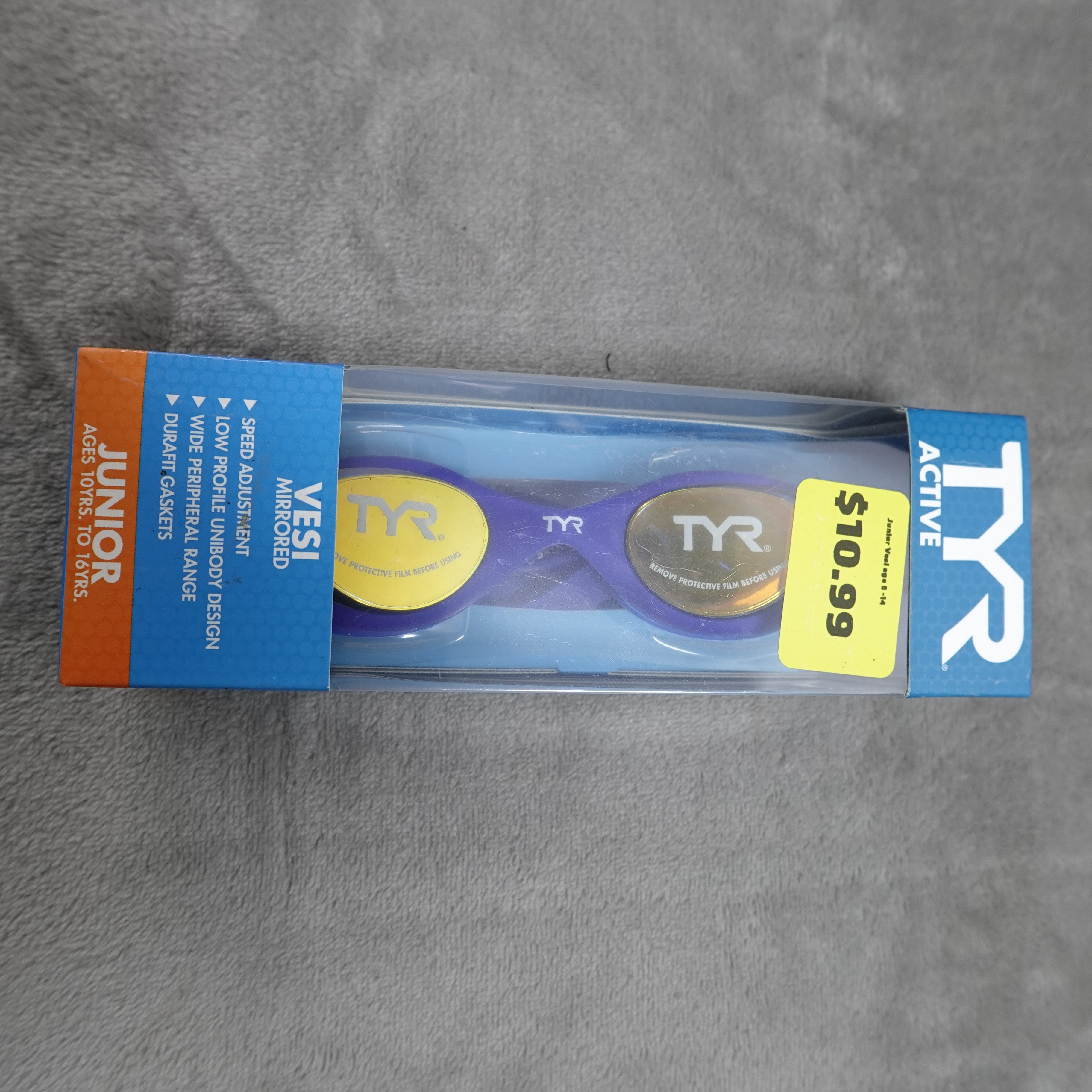 TYR Vesi Mirrored Gold/Navy Junior Swim Goggles Ages 10-16 New