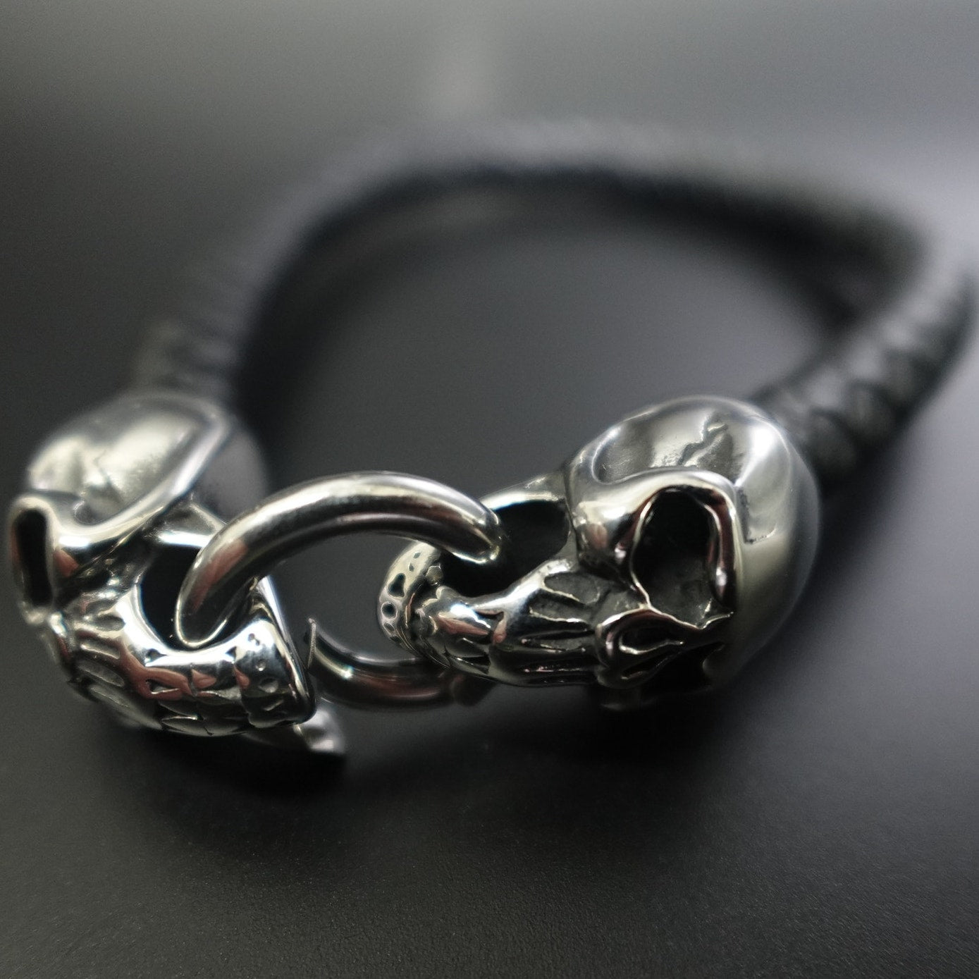 Black Braided Leather Stainless Steel Skull Bracelet SBR-6752