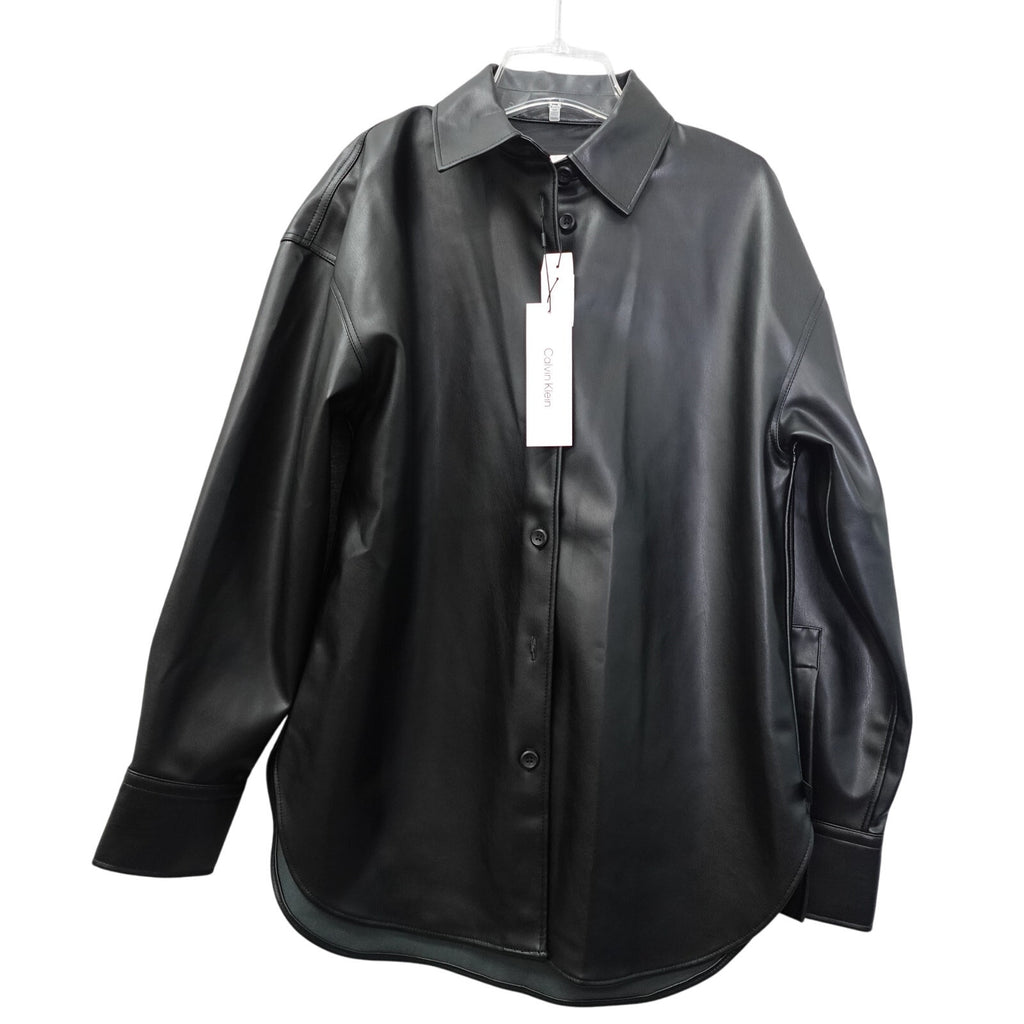 Women's Faux Leather Relaxed Shirt Jacket Black Beauty - Small