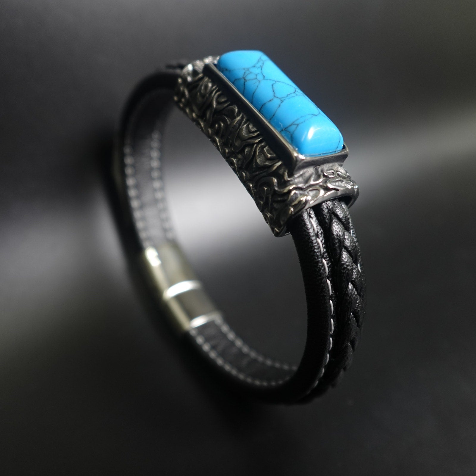 Stainless Steel & Leather Bracelet w/ Turquoise Stone SBR-6746