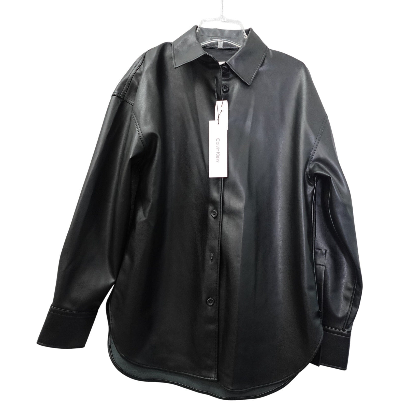 Women's Faux Leather Relaxed Shirt Jacket Black Beauty - XS