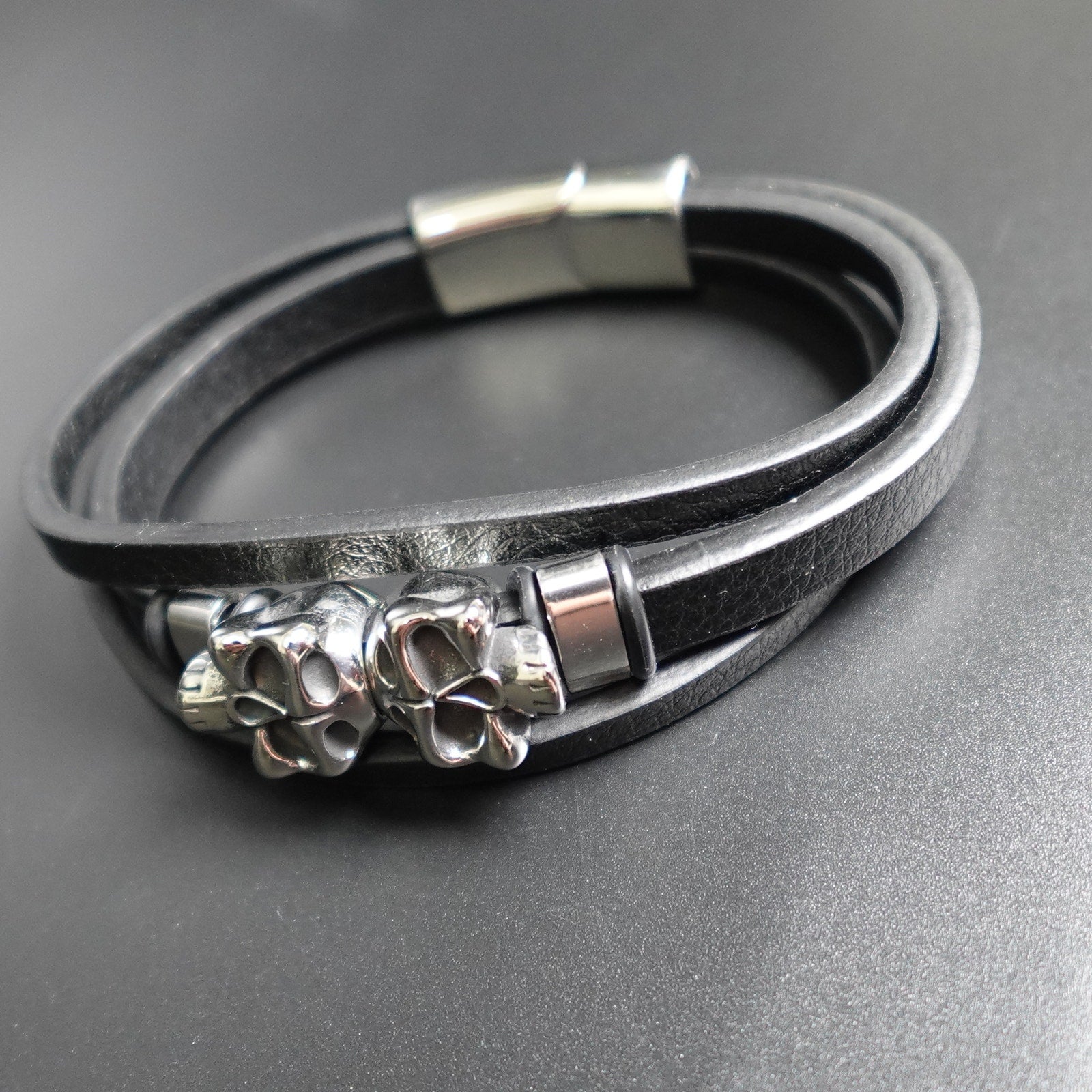 Stainless Steel Leather Bracelet W/ Skulls Accent SBR-788