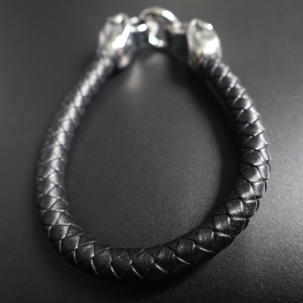 Black Braided Leather Stainless Steel Skull Bracelet SBR-6752