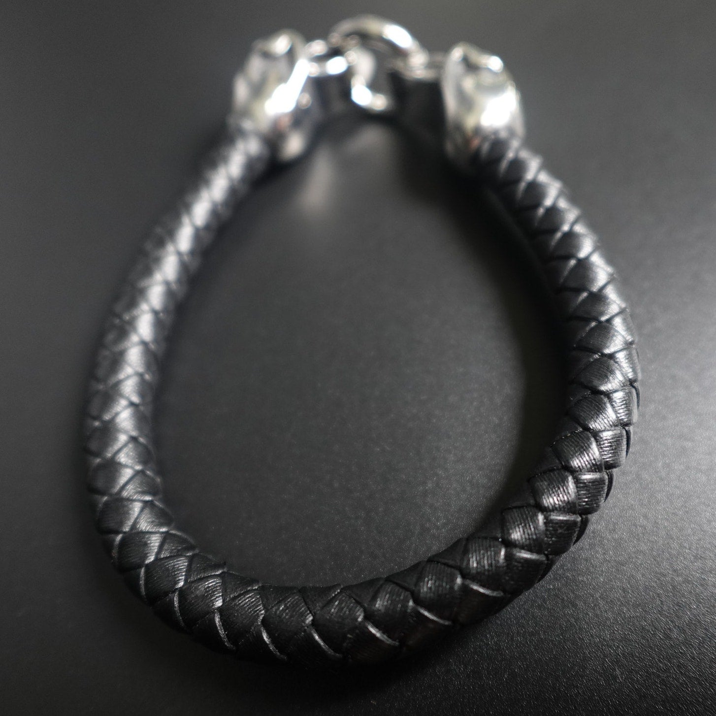 Black Braided Leather Stainless Steel Skull Bracelet SBR-6752