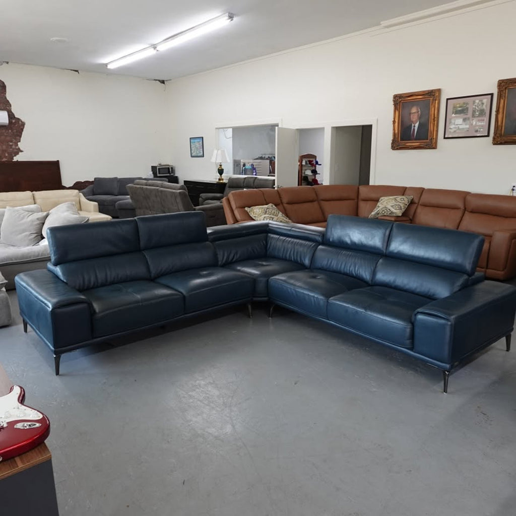 Abbyson Quinton Top Grain Leather Sectional with Adjustable Headrests, Blue