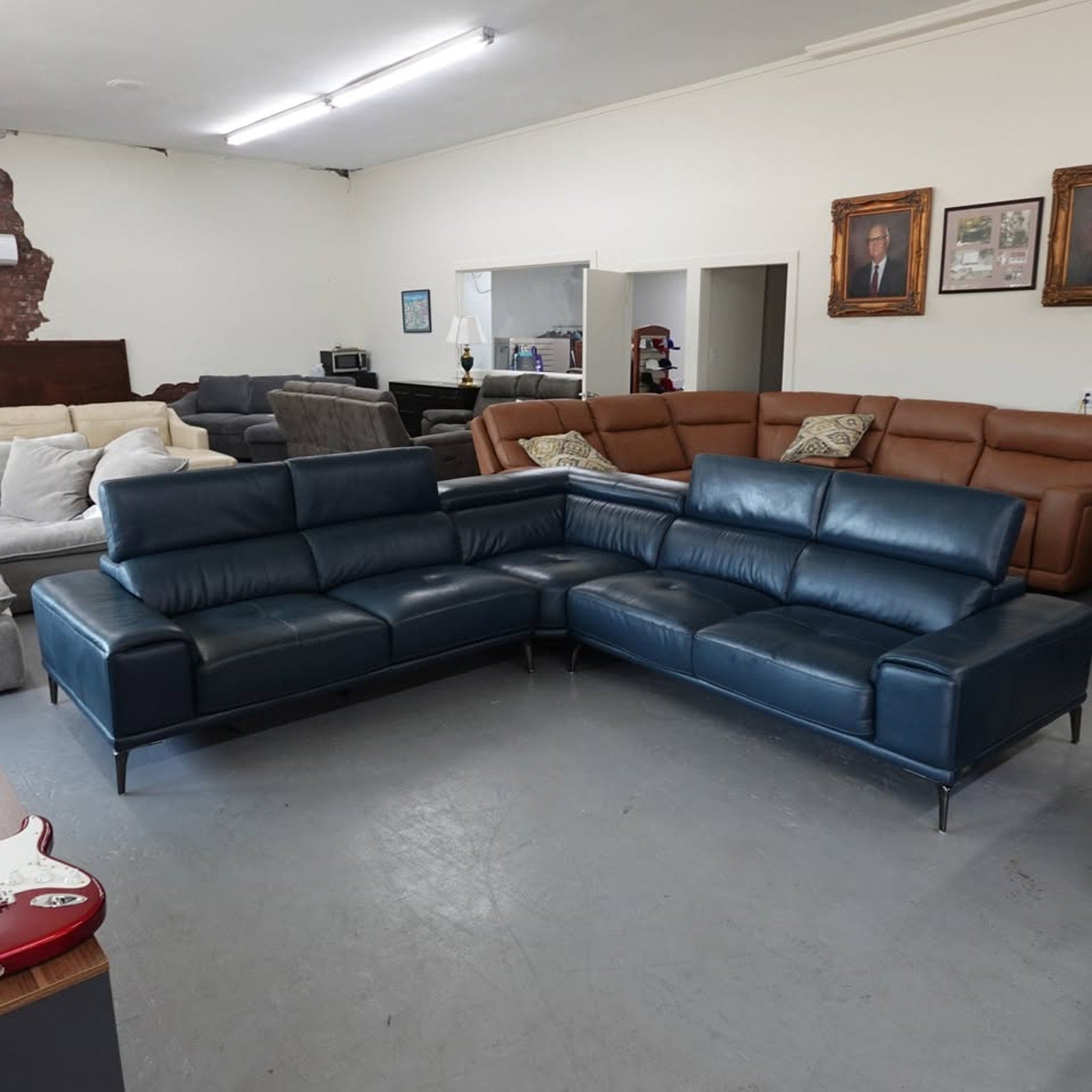 Abbyson Quinton Top Grain Leather Sectional with Adjustable Headrests, Blue