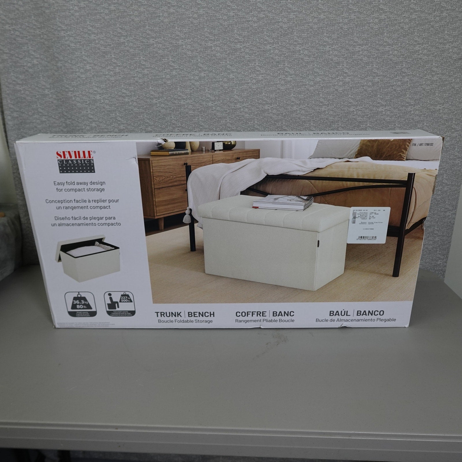 Seville Classics Boucle Foldable Trunk Ottoman - White