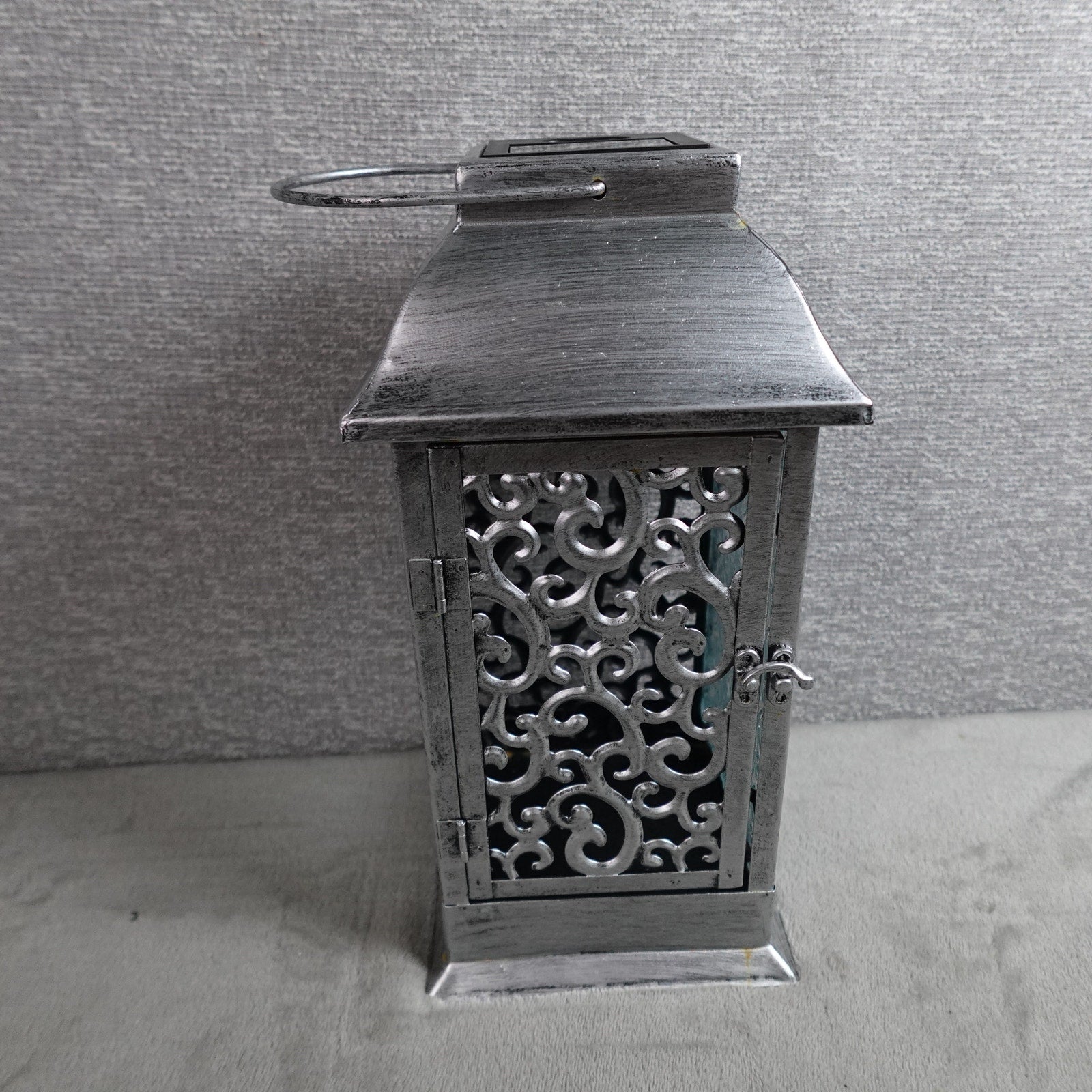 Barbara King 12" Solar Powered Embossed Glass Metal Lantern Silver NEW