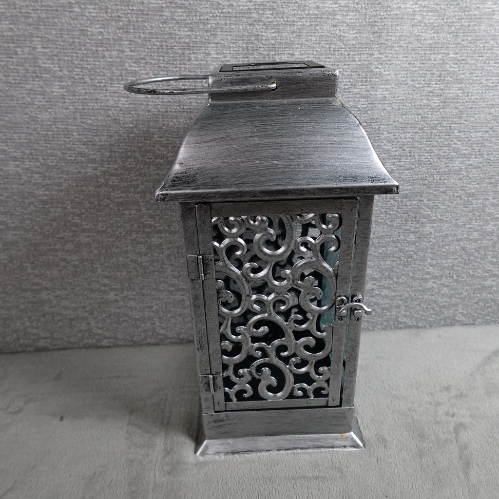 Barbara King 12" Solar Powered Embossed Glass Metal Lantern Silver NEW