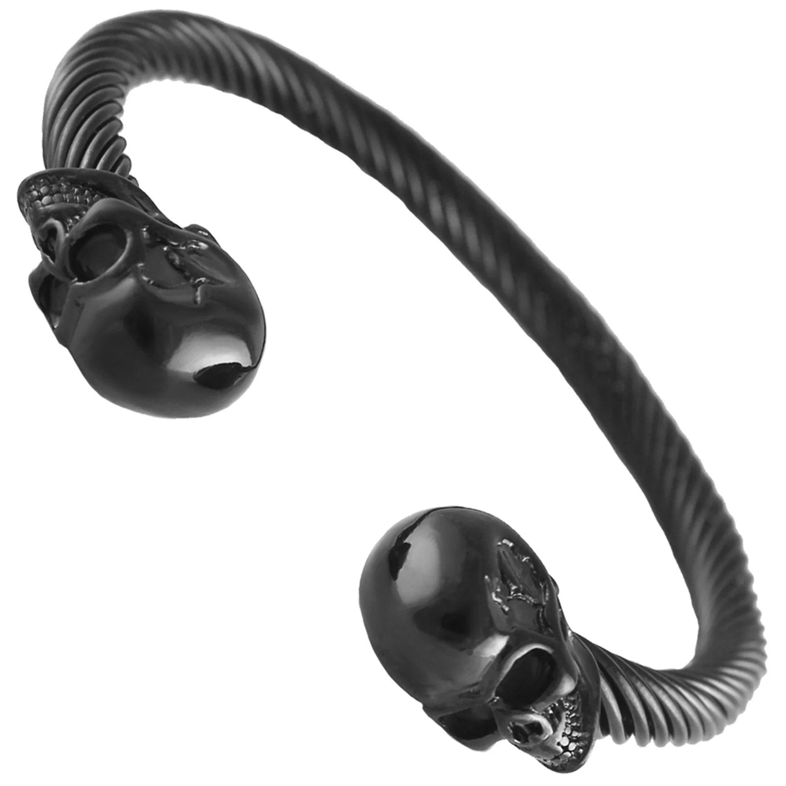 Black PVD Stainless Steel Twisted Cable Bangle w/ Skull Heads  SBR-817 B