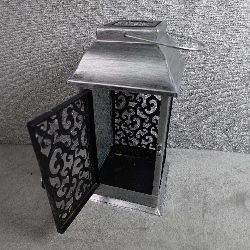Barbara King 12" Solar Powered Embossed Glass Metal Lantern Silver NEW