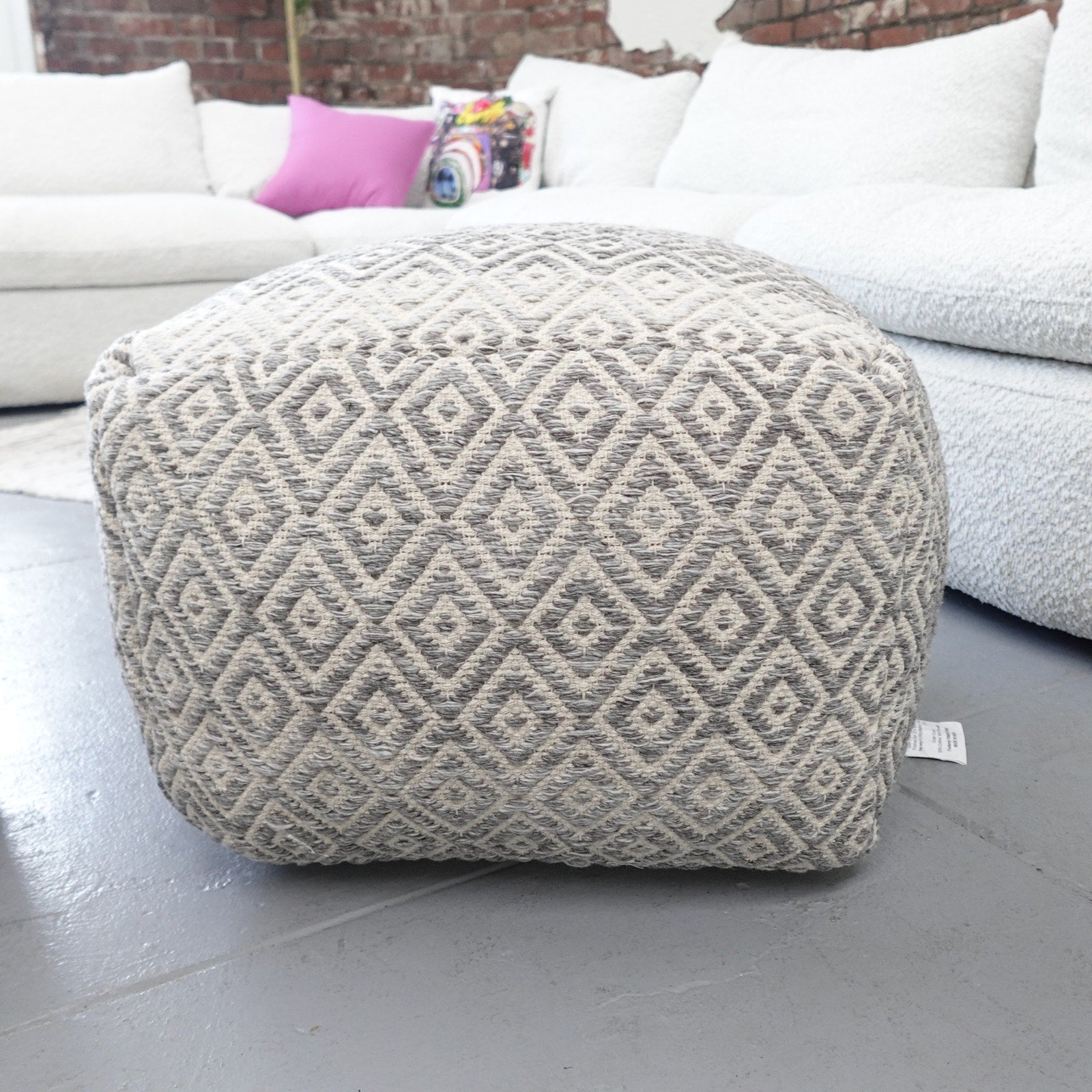 Anji Mountain Cherokee Slate Ottoman Pouf Woven 20" sq. x 16" Diamond Gray NEW