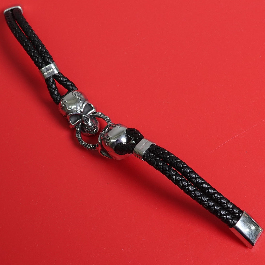 Black Braided Leather Stainless Steel Skull Bracelet DB-1233
