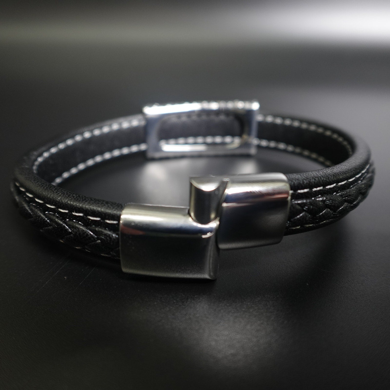 Stainless Steel & Leather Bracelet w/ Turquoise Stone SBR-6746