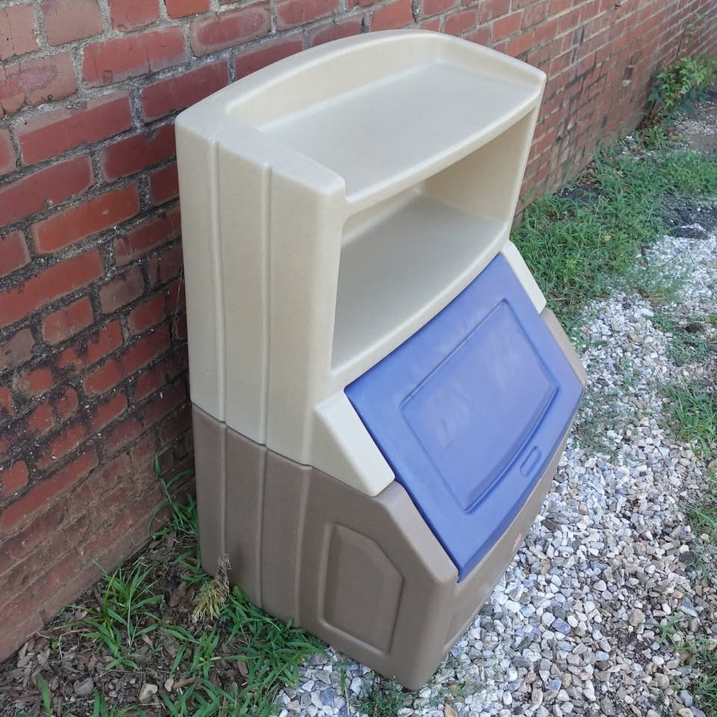 Step2 Lift & Hide Brown and Blue 38" Tall Plastic Toddler Bookcase and Kid Toy Box and Toy Storage