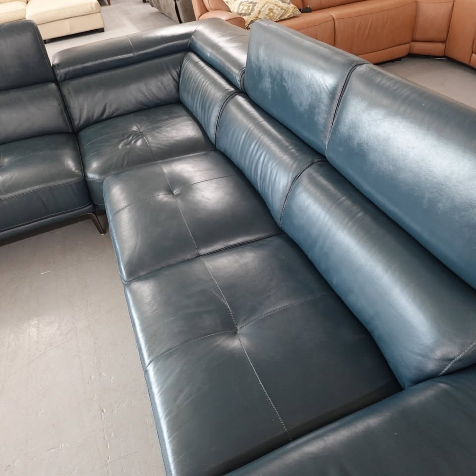 Abbyson Quinton Top Grain Leather Sectional with Adjustable Headrests, Blue