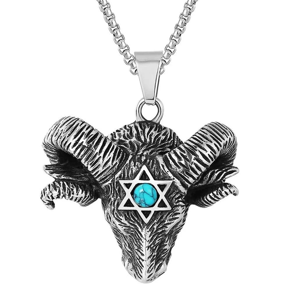 Stainless Steel Goat Ram w/ Star of David & Turquoise Stone – 30″ Rolo Chain