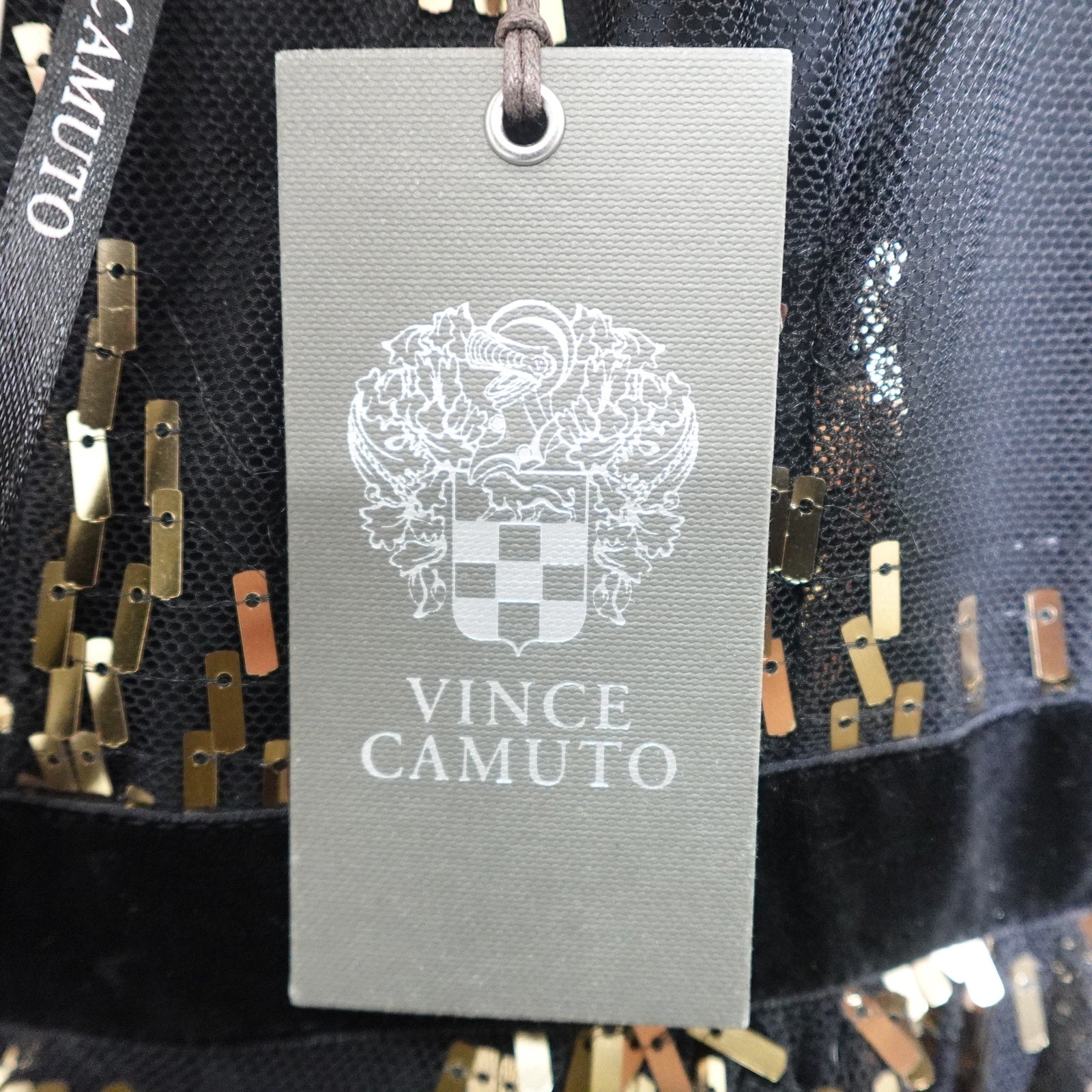 Vince Camuto Size 0 sequin illusion-neck midi dress in black and gold