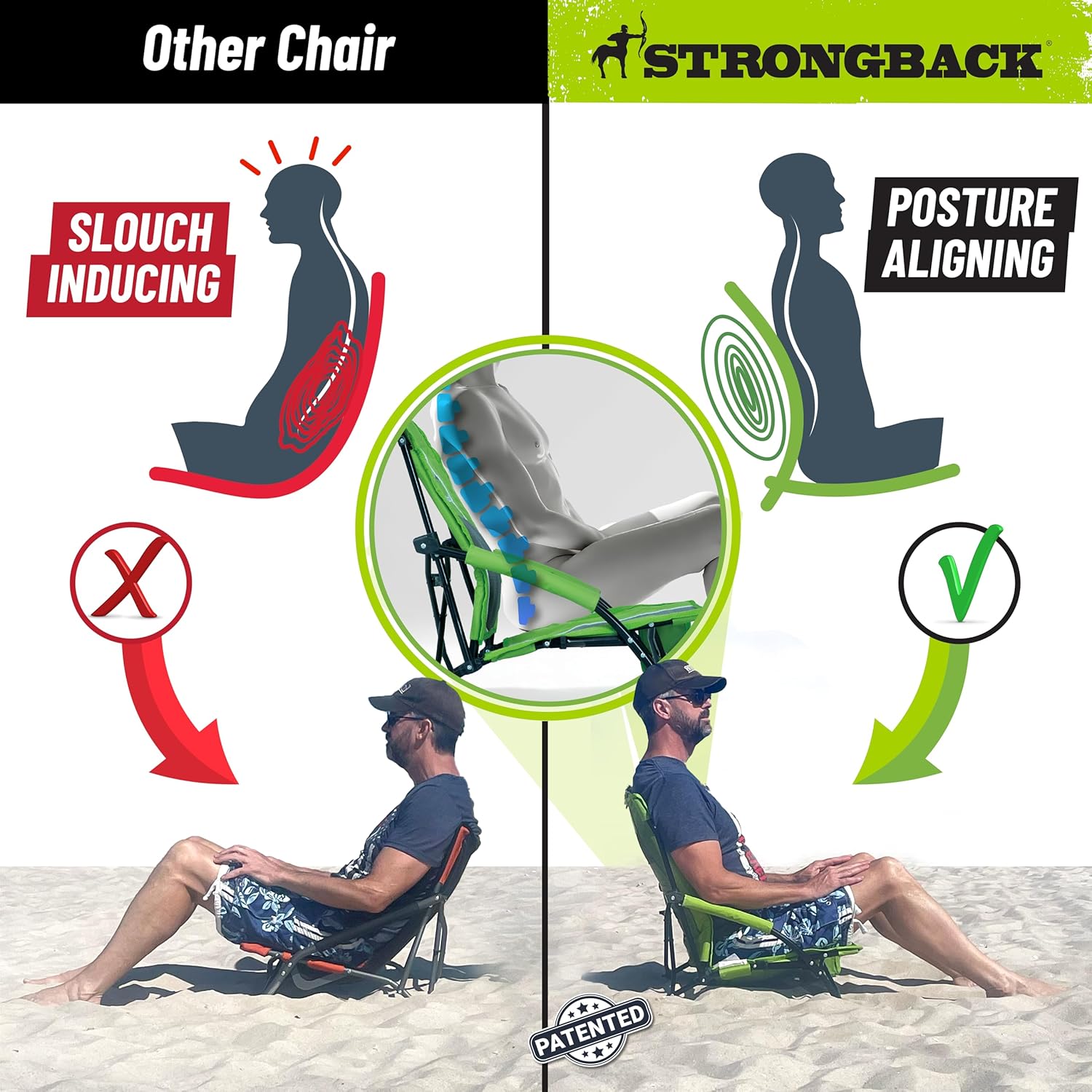 STRONGBACK Low G Beach Chair Ergonomic Lumbar Support Folding Portable 300lb