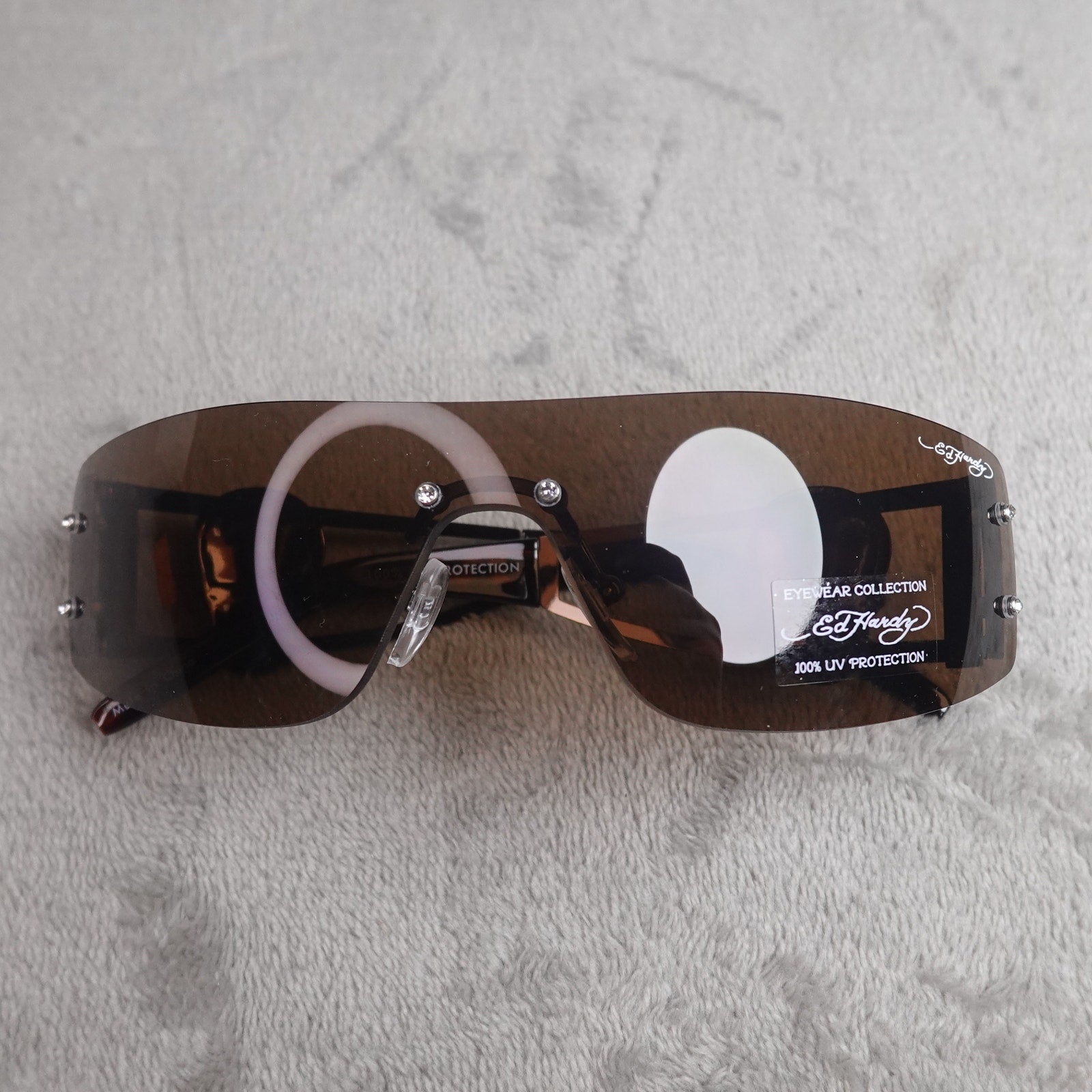 Ed Hardy Rhinestone Skull Shield Sunglasses Brown Gradient UV400 NEW