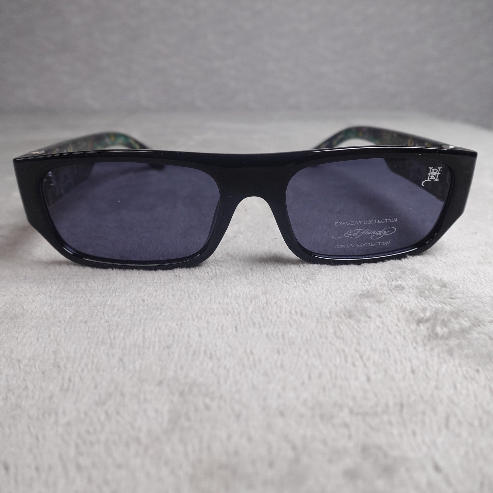 Ed Hardy Panther Sunglasses Black Rectangular UV Protection NEW