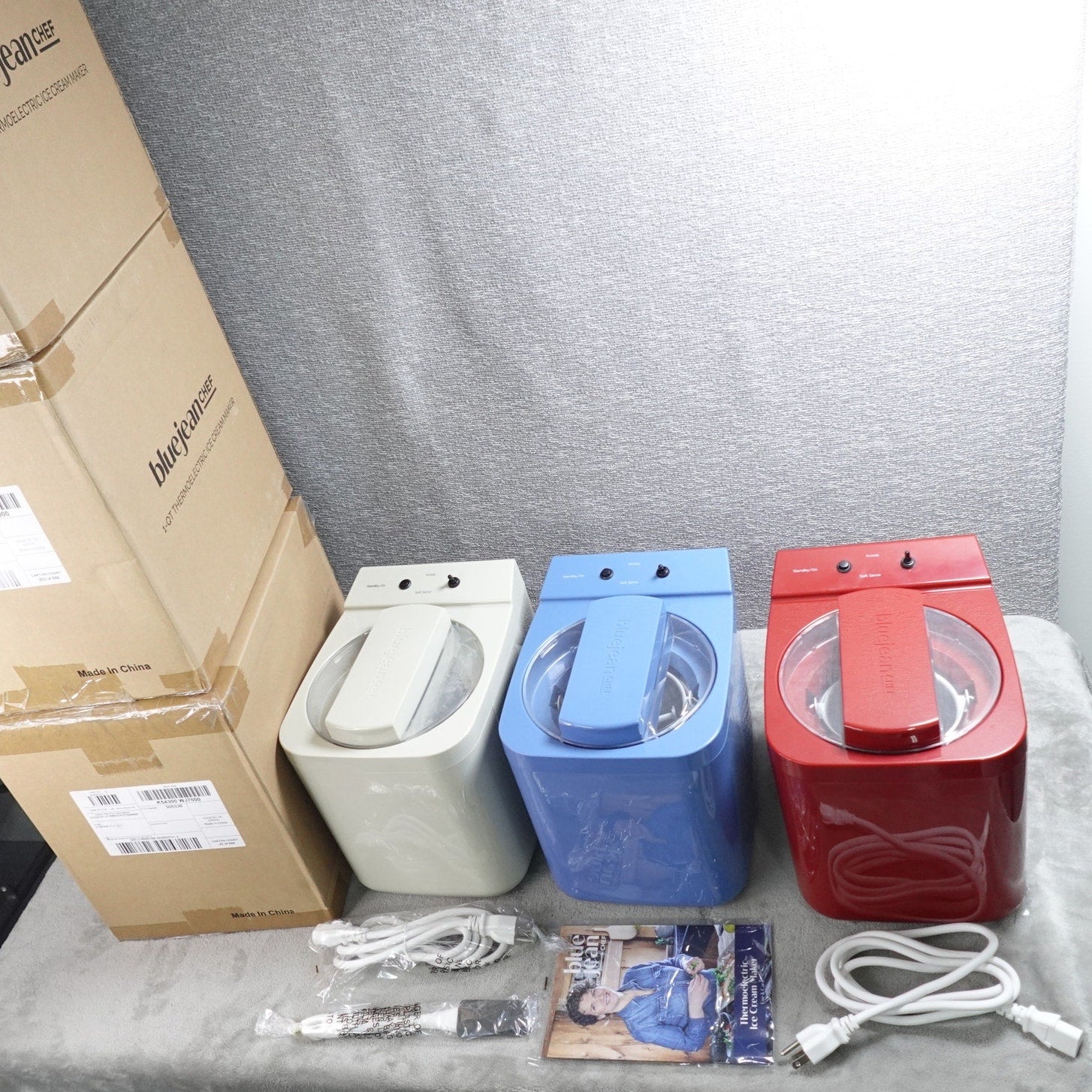 Lot of 3 Blue Jean Chef 1 Qt Thermoelectric Ice Cream Makers NEW Red Blue Gray