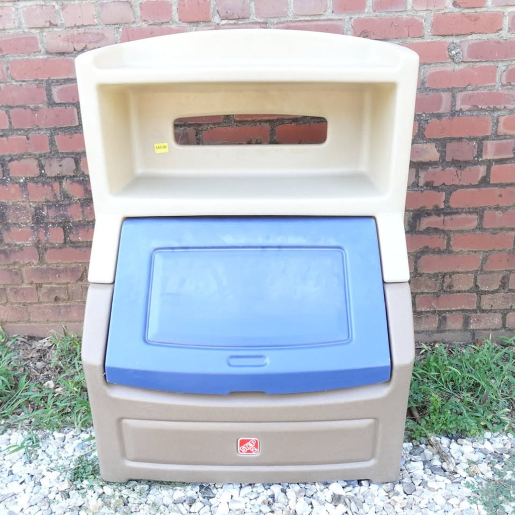 Step2 Lift & Hide Brown and Blue 38" Tall Plastic Toddler Bookcase and Kid Toy Box and Toy Storage