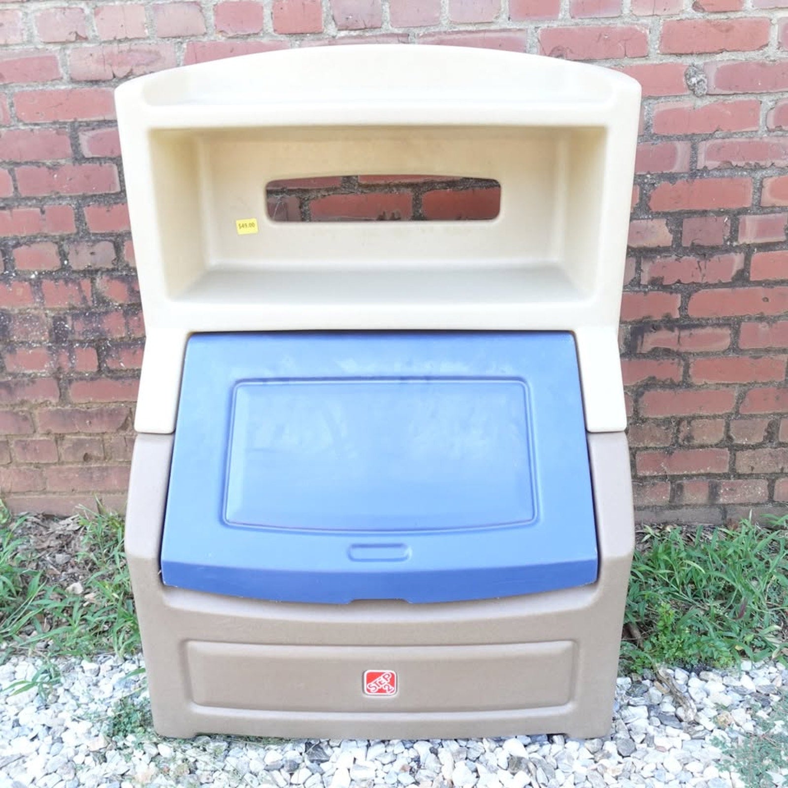 Step2 Lift & Hide Brown and Blue 38" Tall Plastic Toddler Bookcase and Kid Toy Box and Toy Storage
