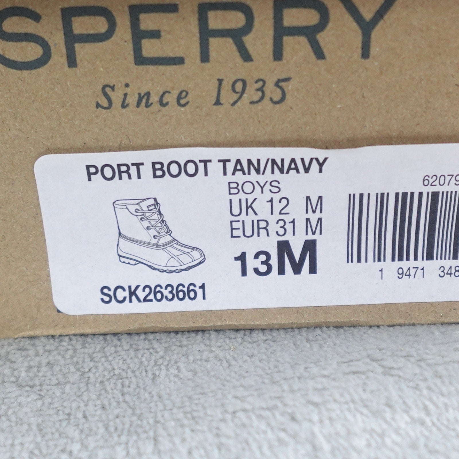 Sperry Port Duck Boot Boys Size 13M Tan Navy SCK263661 Waterproof Kids
