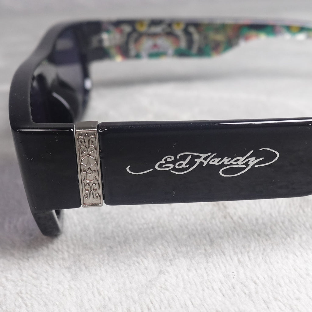 Ed Hardy Panther Sunglasses Black Rectangular UV Protection NEW