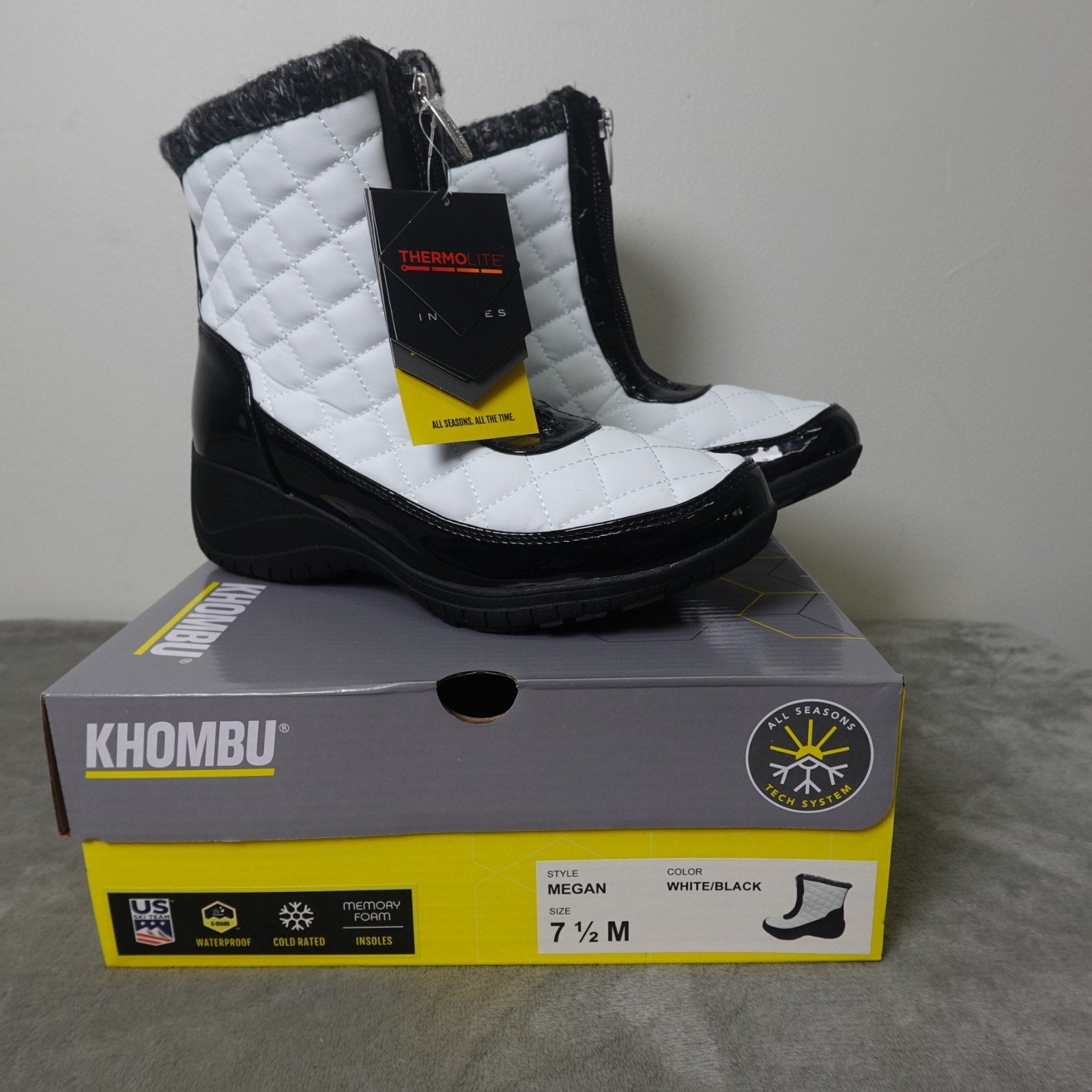 Khombu Megan Women’s 7.5 Winter Snow Boots Waterproof Zip White Black NIB Warm