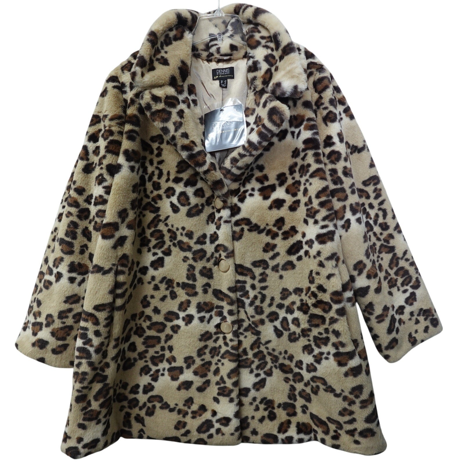 Dennis Basso Cheetah Faux Fur Coat Womens Jacket Notch Collar Crossover Lapel 2X