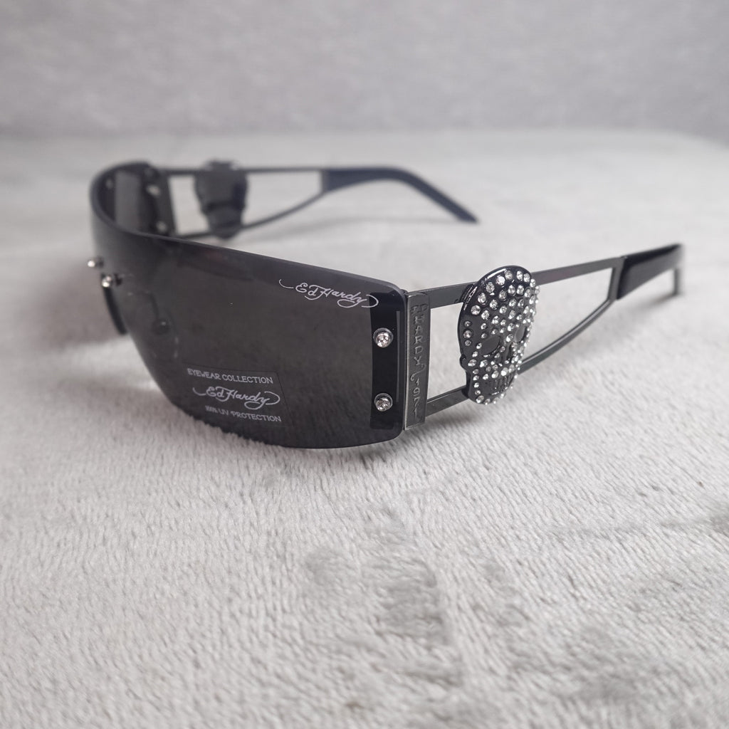 Ed Hardy Rhinestone Skull Shield Sunglasses UV400 NEW