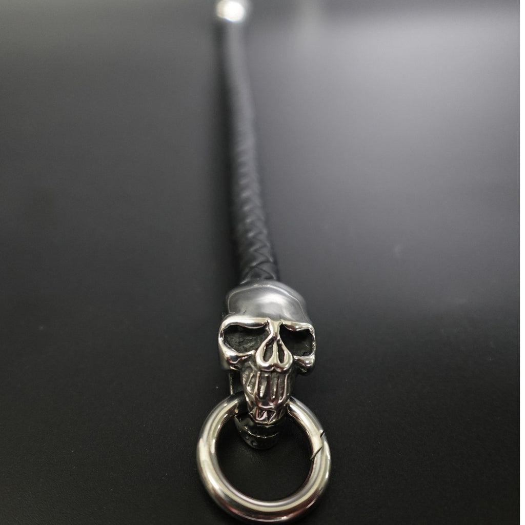 Black Braided Leather Stainless Steel Skull Bracelet SBR-6752