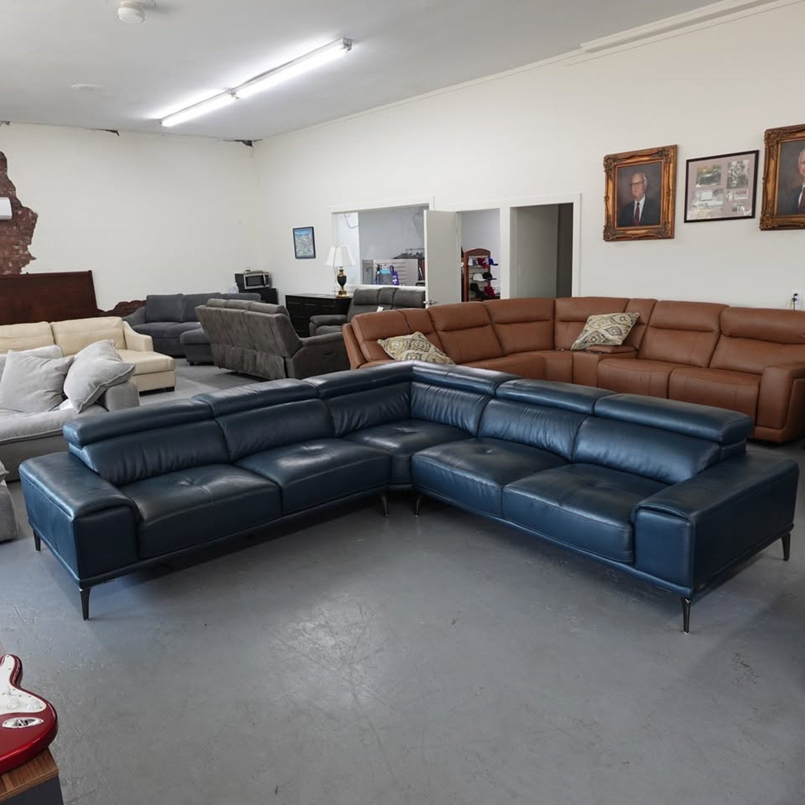 Abbyson Quinton Top Grain Leather Sectional with Adjustable Headrests, Blue