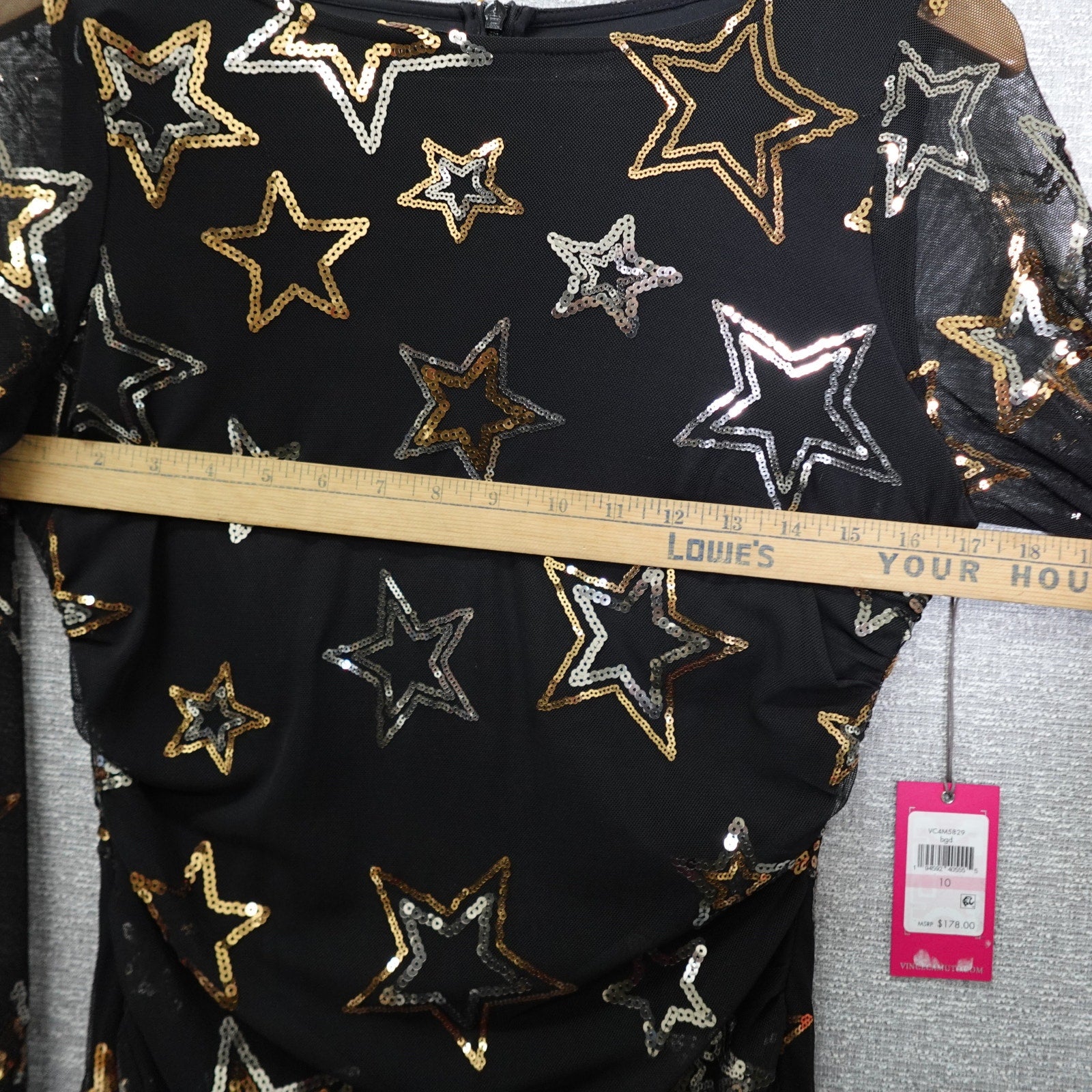 Vince Camuto Black Long Sleeve Mesh Dress with Sequin Stars Women's Size 6