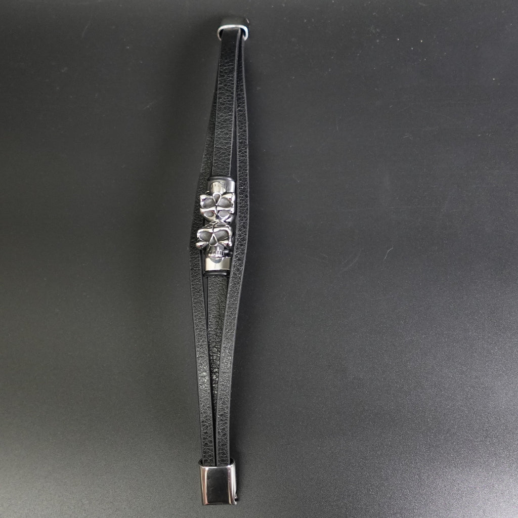 Stainless Steel Leather Bracelet W/ Skulls Accent SBR-788