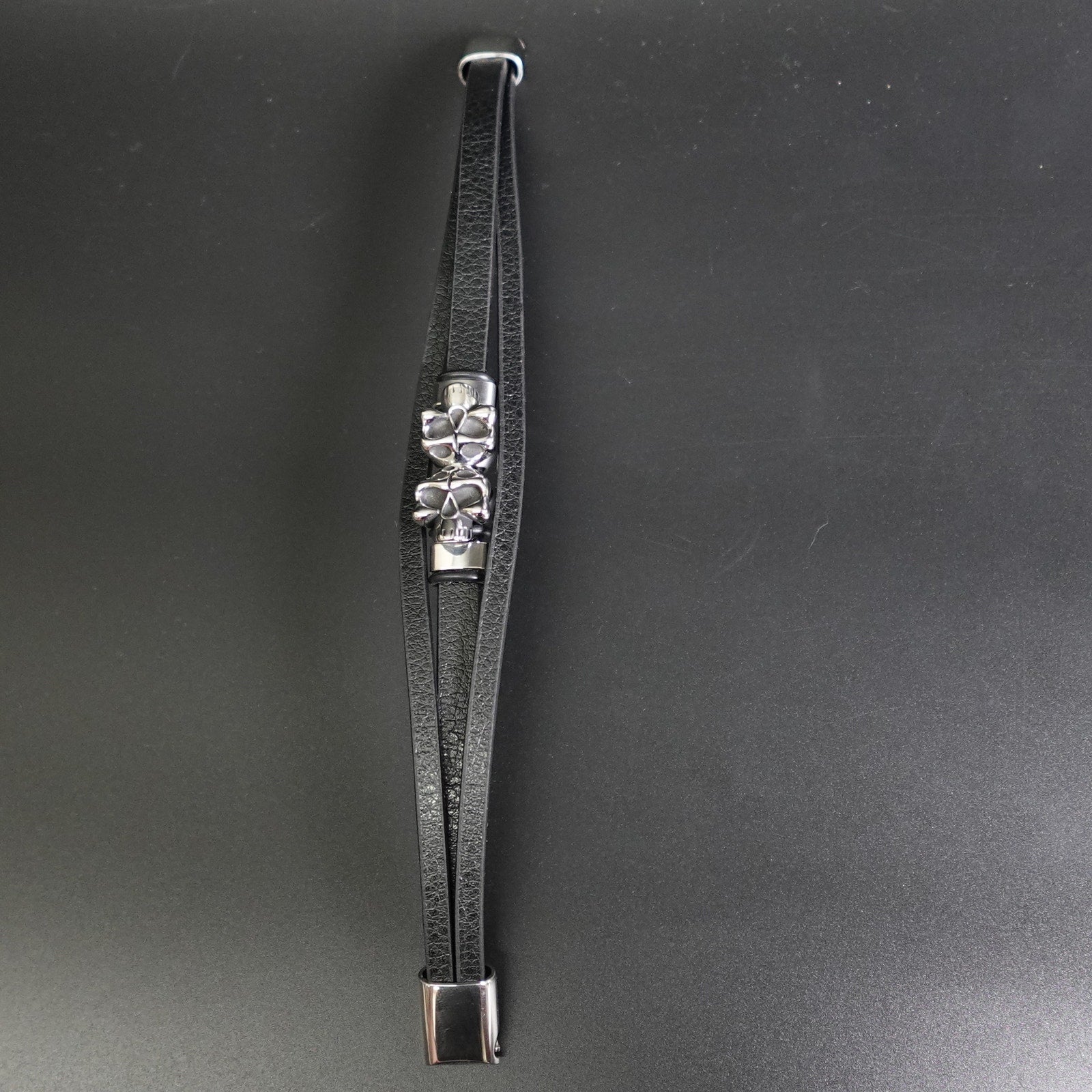 Stainless Steel Leather Bracelet W/ Skulls Accent SBR-788
