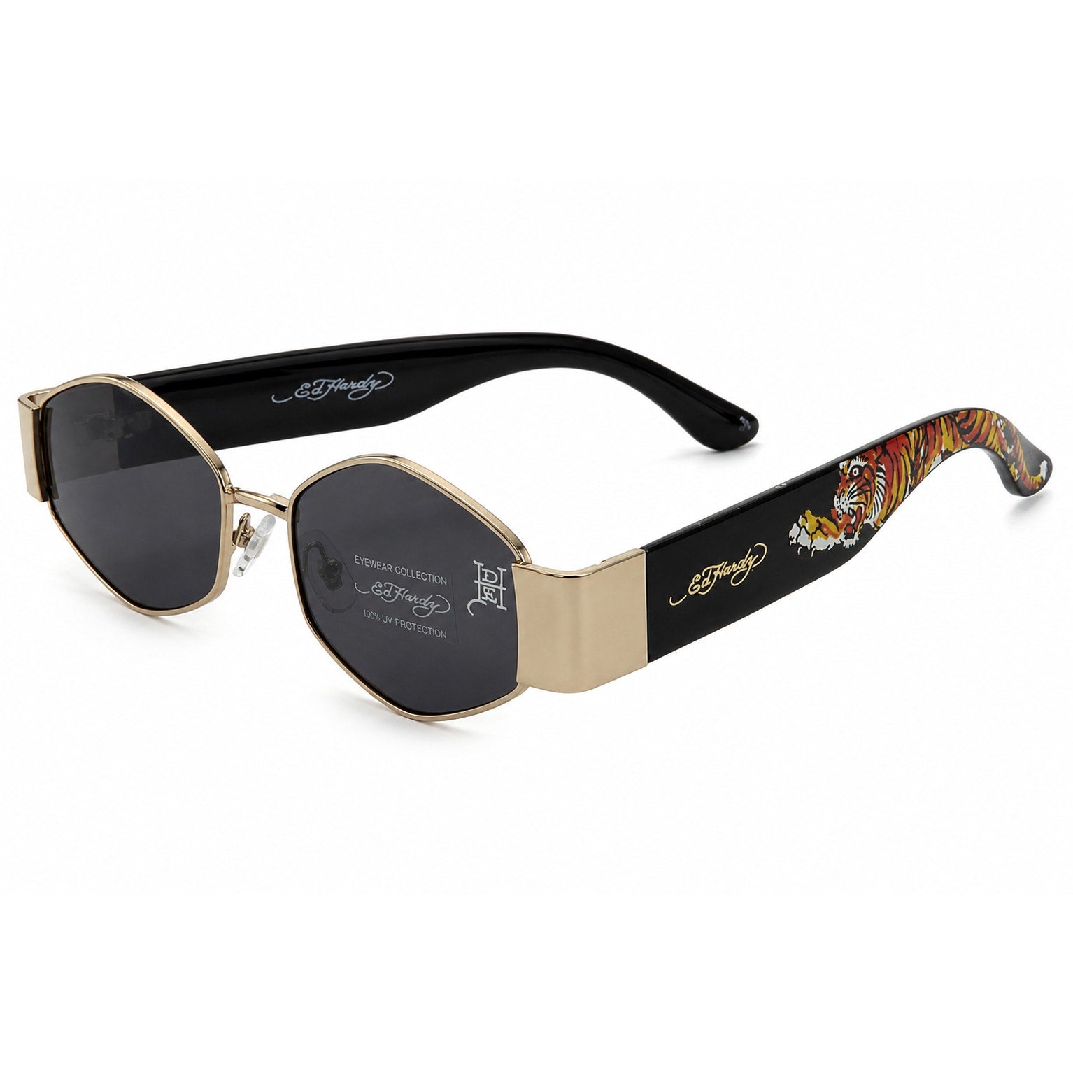 Ed Hardy Tiger Tattoo Narrow Hexagon Sunglasses Streetwear Y2K UV400 NEW