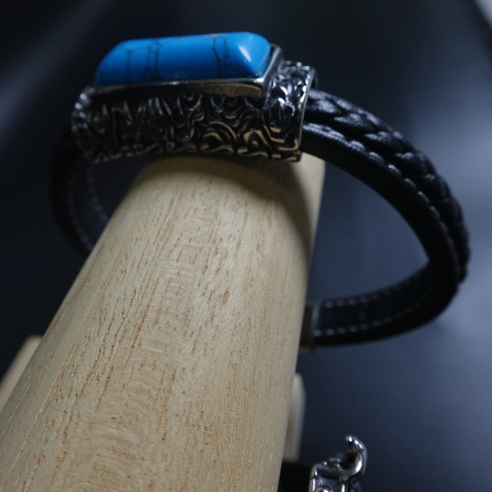 Stainless Steel & Leather Bracelet w/ Turquoise Stone SBR-6746