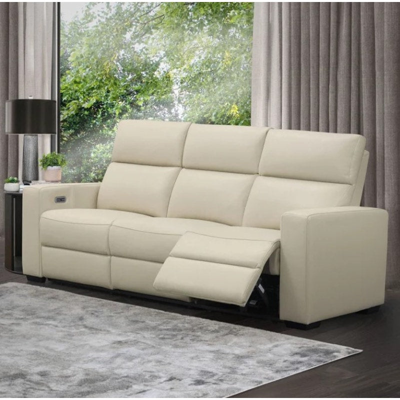 Abbyson Kramer Leather Power Reclining Sofa Cream 3 Seat Recliner Couch