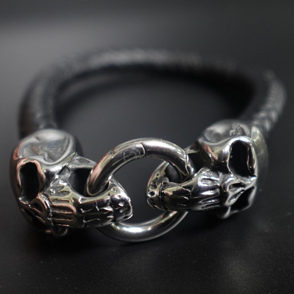 Black Braided Leather Stainless Steel Skull Bracelet SBR-6752