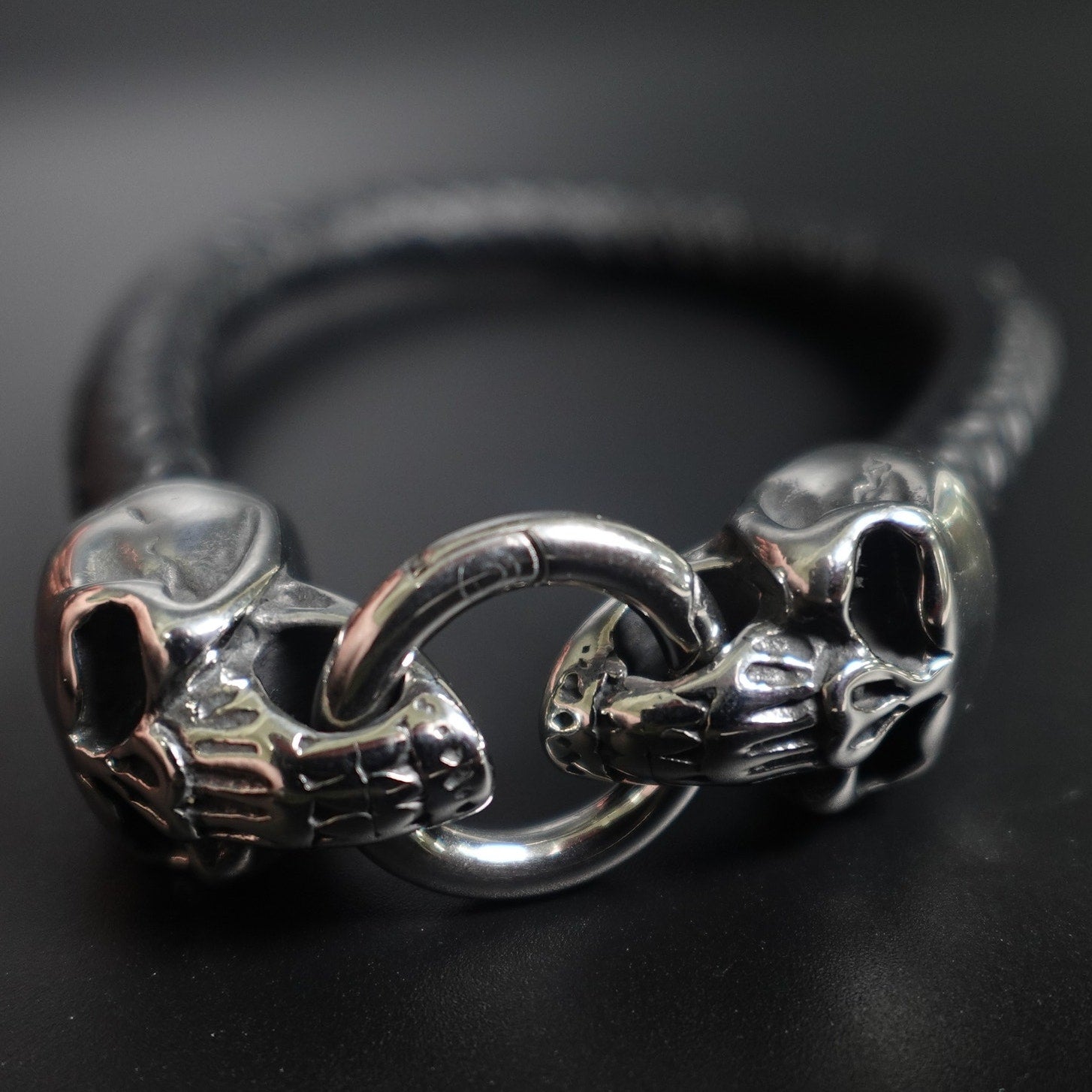 Black Braided Leather Stainless Steel Skull Bracelet SBR-6752