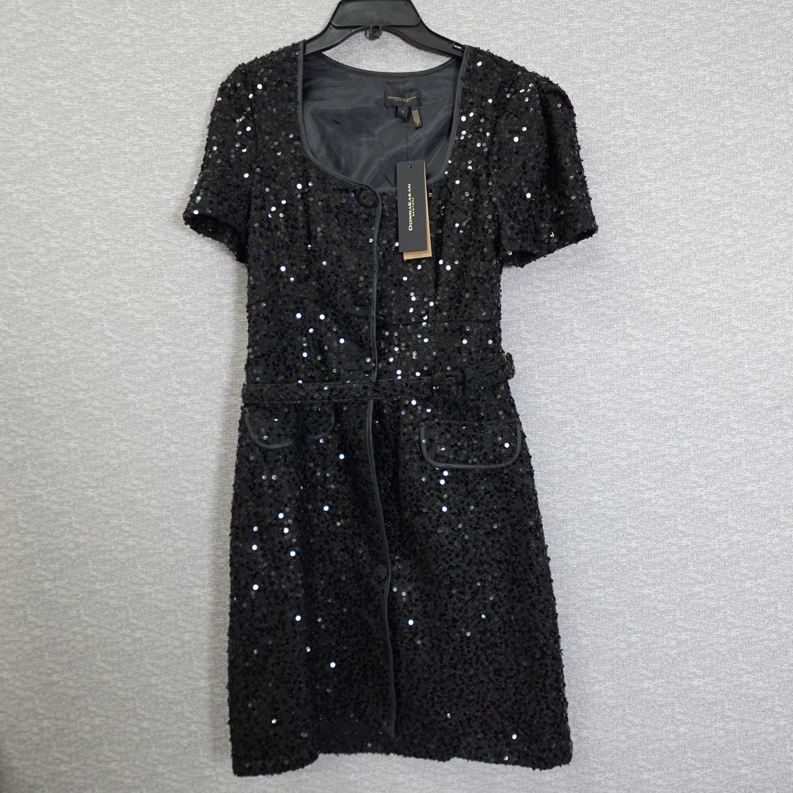 Donna Karan New York Size 2 Black Sequin Short Sleeve Button Up Belted Dress NWT