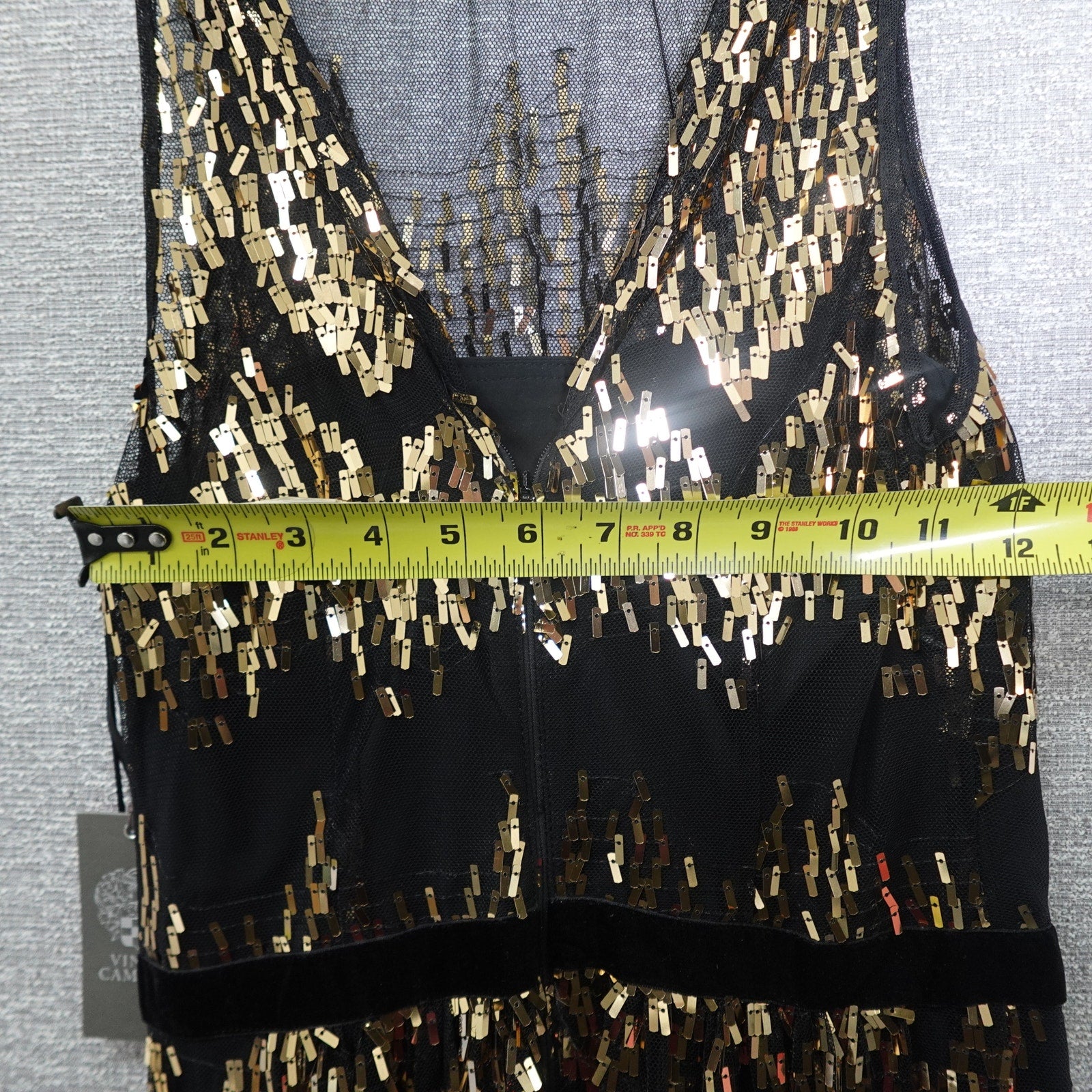 Vince Camuto Size 0 sequin illusion-neck midi dress in black and gold