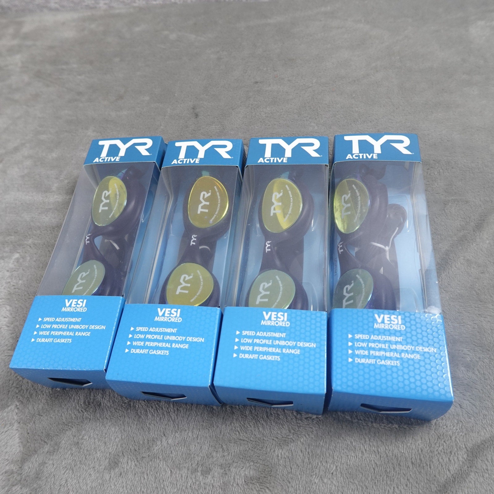 Lot of 4 TYR Vesi Mirrored Swim Goggles Gold Navy Adult Size NEW