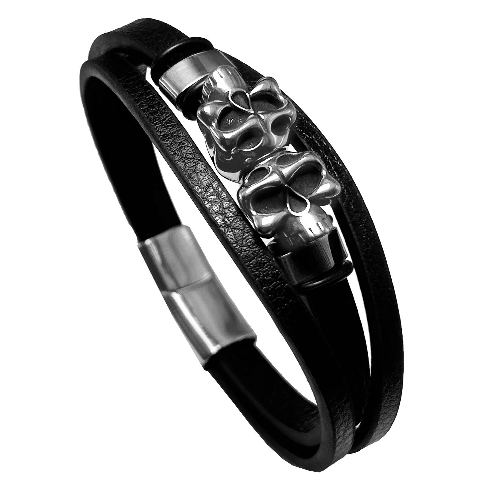 Stainless Steel Leather Bracelet W/ Skulls Accent SBR-788
