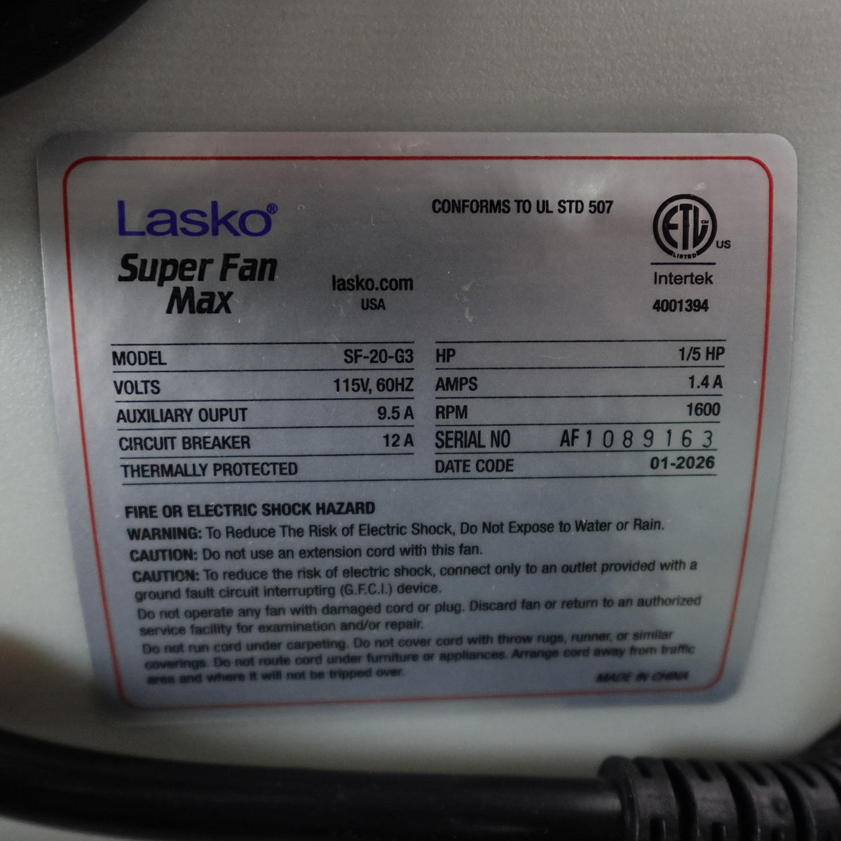 Lasko Super Fan Max SF-20-G3 4-Speed Air Mover Blower Fan New Open Box