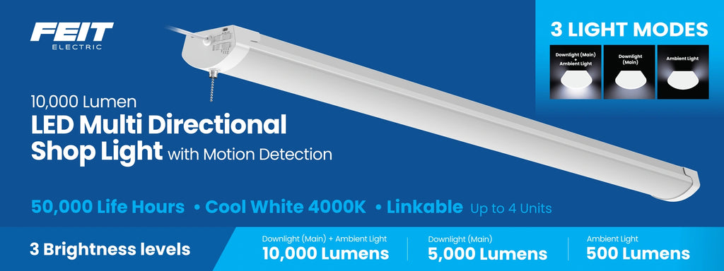 (1 pack) Feit 10,000 Lumen Multi-Directional Shop Light with Motion Detection